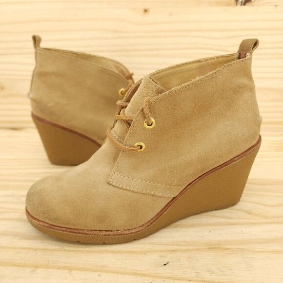 Sperry Women's Wedges Booties Sz 7 Tan Suede Chic Lace Up Ankle Boots - Picture 1 of 10